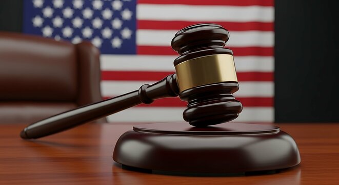 Gavel rests on a wooden block before an American flag.