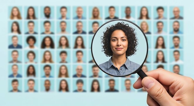 A hand uses a magnifying glass to focus on a woman's headshot amidst a grid of diverse faces. - Powered by Adobe
