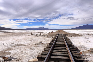 Fototapeta premium Railroad tracks in the salar de Chiguana, Potosi department, Bolivia