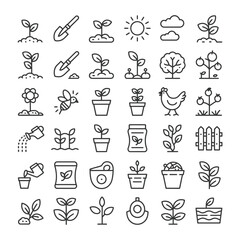 Thirty Six Black and White Line Art Gardening Icons Featuring Plants Seeds Flowers Tools Farm Animals on White Background