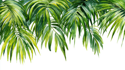 Watercolor painting of green palm leaves hanging down on a white background, nature wallpaper. Watercolor illustration background.