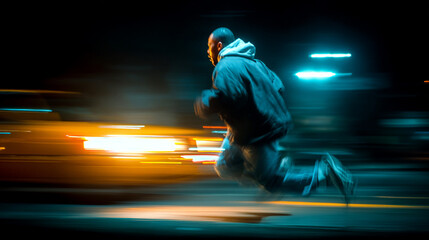 A determined man propels through the vibrant urban night, surrounded by streaks of colorful light.