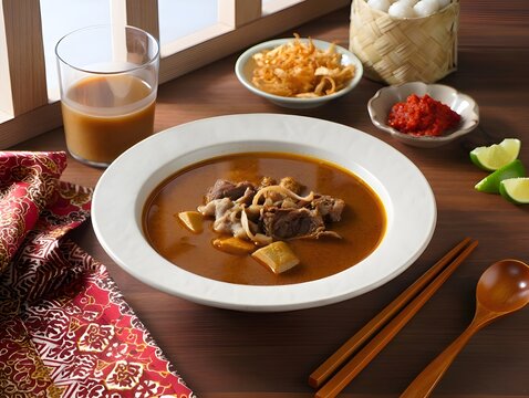 A Bowl of Coto Makassar. Authentic Makassar Beef Soup from Sulawesi.