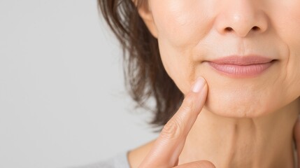 老化を感じる口元を指さす女性