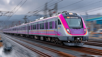 A sleek magenta and grey high-speed train blurs past on its tracks under a cloudy sky, showcasing modern transportation.
