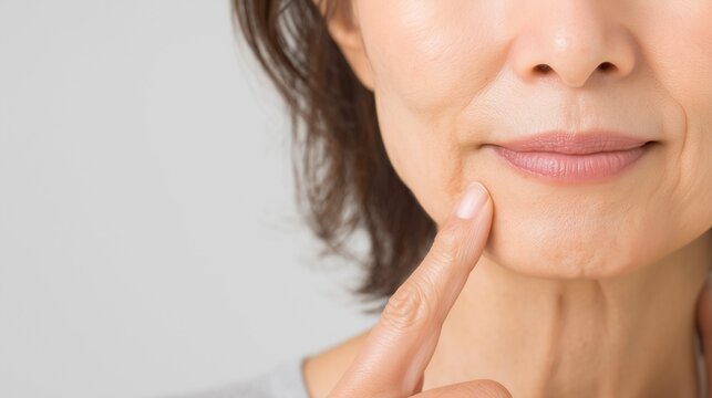 老化を感じる口元を指さす女性