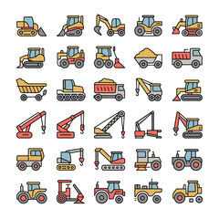 Thirty Six Colorful Line Icons Illustrating Construction and Agricultural Vehicles Tractors Bulldozers Excavators Dump Trucks and Cranes in Yellow Red and Gray