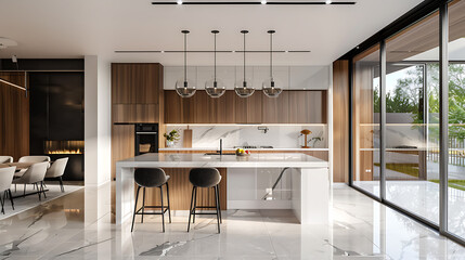 Light-filled kitchen with wood tones