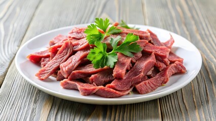 Thinly sliced juicy beef strips arranged artfully on a white porcelain plate with a few sprigs of fresh parsley garnish, meat, parsley
