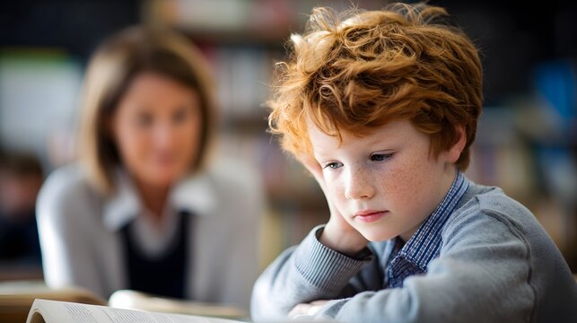 A young boy with red hair looking down with a blurred woman in the background at a classroom setting - Powered by Adobe