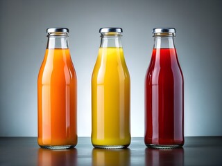 Three bottles  of colorful juice isolated on white background, for mockup