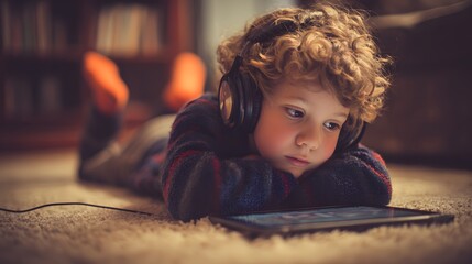 A young boy with curly hair wearing headphones lying on the floor looking at a tablet device screen