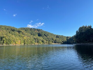 Lake Glenville, Cullowhee, North Carolina, USA - Beautiful view of Lake Glanville, Pine trees and fog near Cashiers, North Carolina