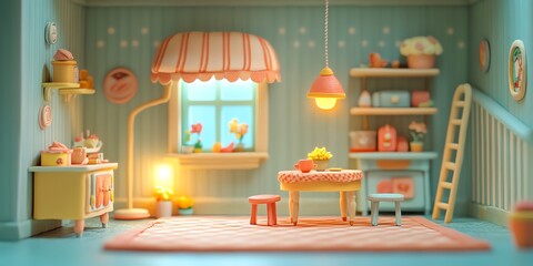 Cute Miniature Dollhouse Cozy Childs Room with Soft Lighting Pastel Colors and Decorative Shelves