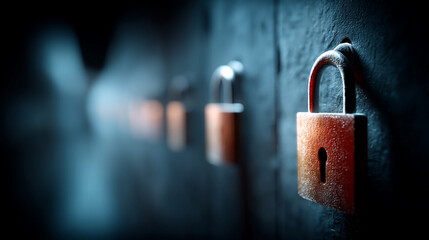 A row of weathered padlocks stands guard in a dark, mysterious setting, symbolizing ultimate security and hidden secrets.
