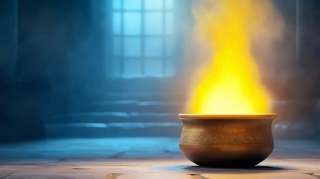 Ornate magical cauldron pot with intricate carved pattern emitting bright yellow-orange flame against moody blue background with window light. Dramatic lighting creates ethereal atmosphere.