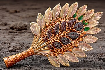 Artistic bamboo craft decorated with leaves high resolution photo