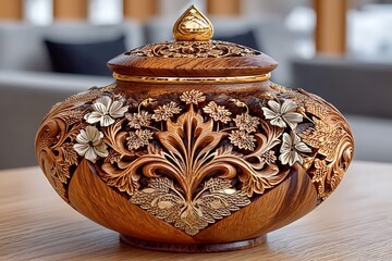 Artistic wood carving with floral lid high resolution image