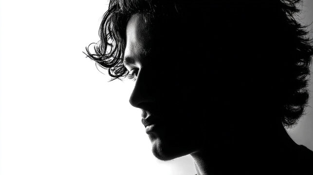 A dramatic black and white profile of a thoughtful man with striking backlighting creating a powerful silhouette.