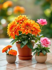 Fototapeta premium Arrangement of potted orange dahlias and pink roses on a tiled surface in an outdoor setting