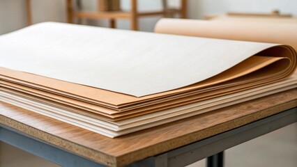 A stack of thin, flexible plywood sheets or veneer, with the top sheet gently curving upwards, showcasing the material's versatility in woodworking and furniture making.
