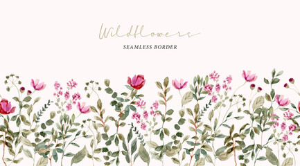 beautiful pink wildflowers watercolor seamless border