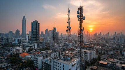 Stunning sunset over a bustling metropolis, featuring prominent communication towers amidst the urban sprawl.