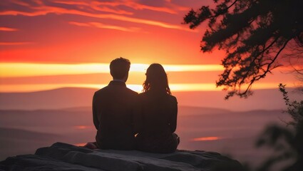 Romantic Sunset View: Couple Silhouettes on Mountain Peak