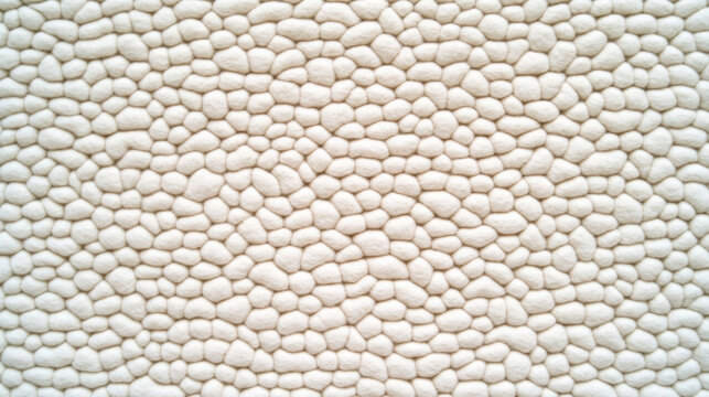 Abstract background of white felted wool pebbles. Soft textile surface with unique bumpy texture for interior design.