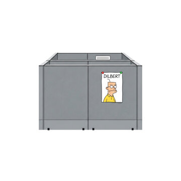A gray, square container with a Dilbert poster attached to its front side, against a white background.