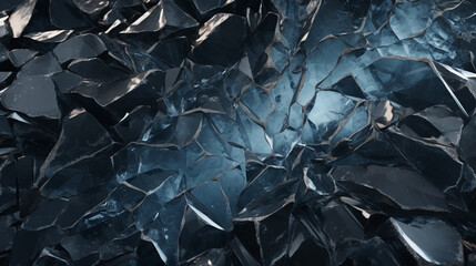 A close up view of cracked and shattered dark blue translucent ice with light shining through it