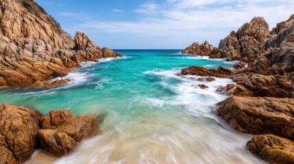 Fototapeta premium Turquoise sea waves gently crash between rugged rocky cliffs under a partly cloudy blue sky, creating a serene coastal landscape.