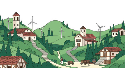 Naklejka premium A quaint village nestled among rolling green hills featuring modern wind turbines and traditional architecture