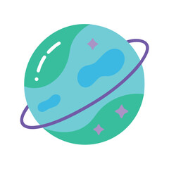 A cartoon planet with rings floats in space isolated on white background