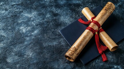 Elegant Graduation Scroll and Cap on Dark Textured Background