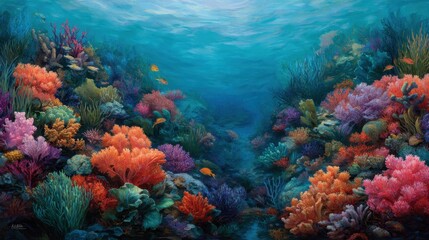 Fototapeta premium Vibrant underwater coral reef teeming with colorful marine life and diverse coral species in clear blue ocean water.