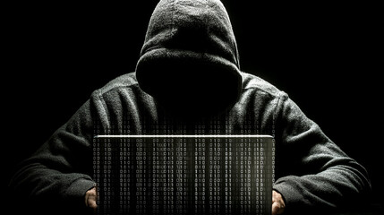 An anonymous figure in a dark hoodie intensely focuses on a glowing screen filled with binary code, symbolizing digital crime and cybersecurity.