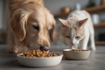 playful scene of cat and dog happily eating their meals together showcasing their unique feeding styles