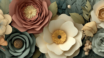 Delicate paper flowers and foliage in a harmonious blend of soft, natural colors create a serene artistic backdrop.