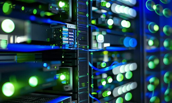 A close-up of an array of advanced data center equipment, with green and blue lights reflecting off the surface. The focus is on one server rack 