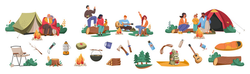 Camping, hiking items set. Summer travel and picnic stuff. Tourism and adventure accessories. Campfire, guitar, chair, backpack, knife, knot, mug, lantern. Flat vector illustration isolated on white.