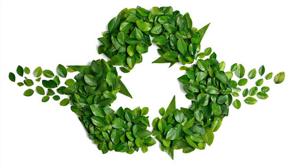 Green recycling symbol made of leaves, isolated on a white background in PNG format with transparent background. Eco-friendly design ideal for sustainability and environmental projects.