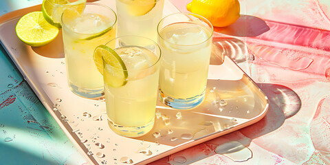 Refreshing Lemonade with Lime Slices Served on a Tray

