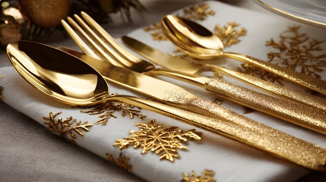 Close up of golden silverware on a white napkin with golden snowflakes for a holiday table setting