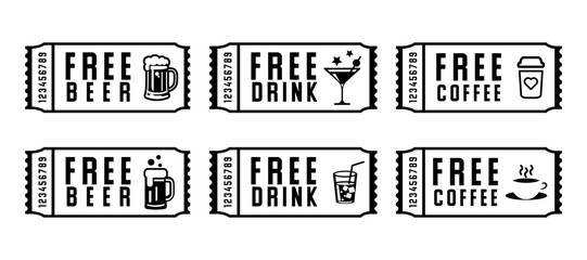 Set of black and white free drink coupons. Vector illustration. Logo. Free drink. Coffee. Cocktail. Isolated on white background