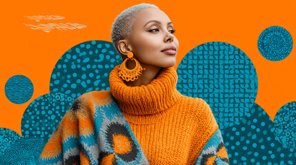 Elegant woman with striking silver hair and a warm orange sweater against a dynamic patterned backdrop