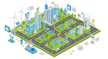 Sustainable cityscape with renewable energy elements and green architecture