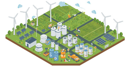 Sustainable energy production and agriculture in isometric layout with wind turbines and solar panels