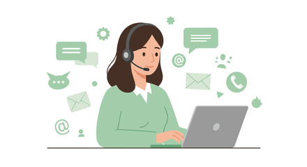 Customer service representative with headset using laptop surrounded by communication icons in flat design