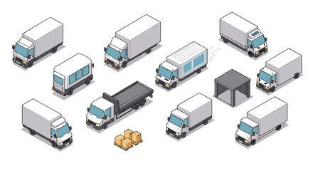 Isometric delivery trucks and vans set with cargo packages and warehouse elements